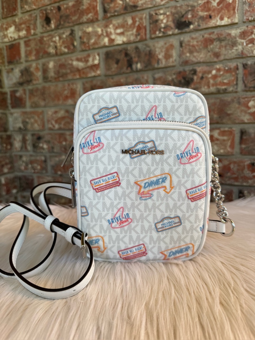 Michael Kors White Logo Print Crossbody with Multicolor Diner Accents